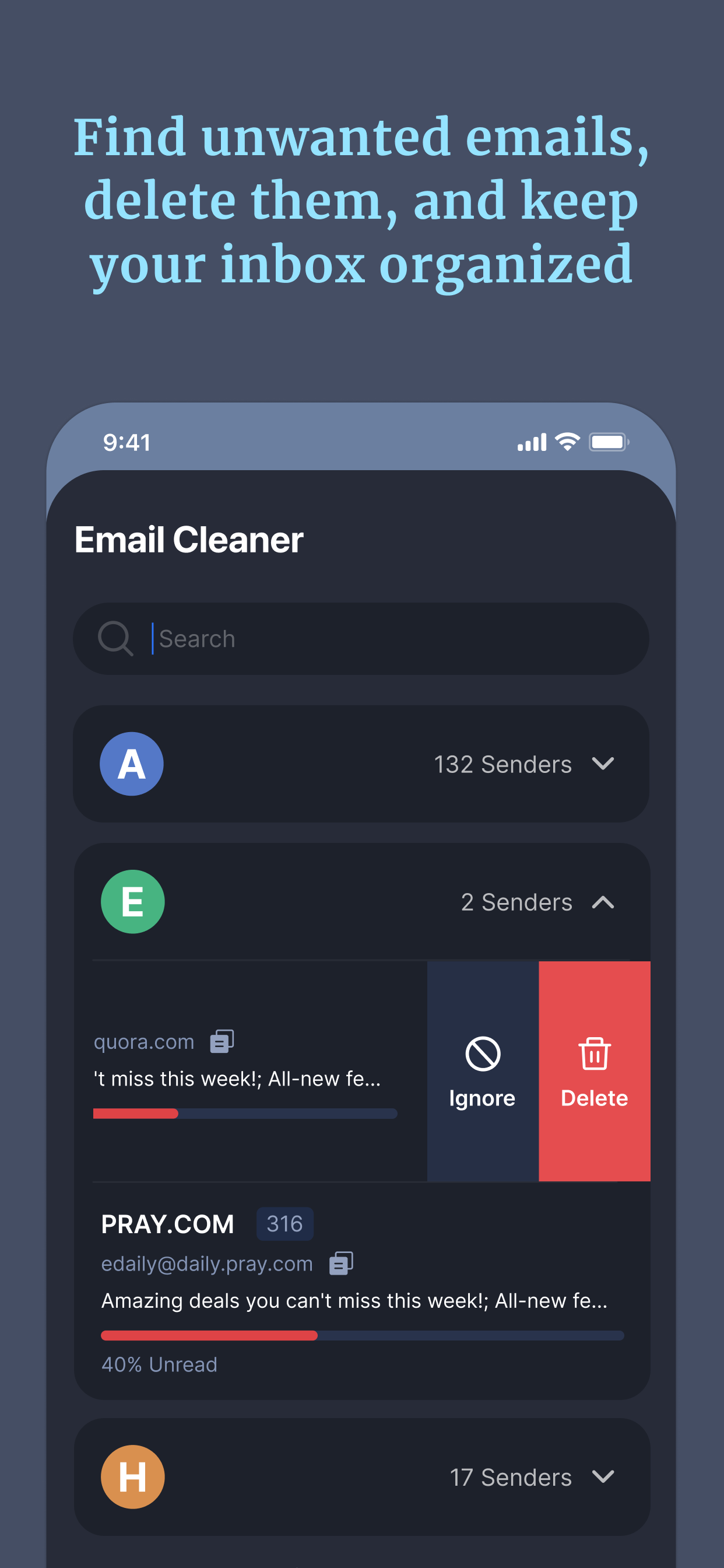 Email Cleaner - Find unwanted emails, delete them, and keep your inbox organized
